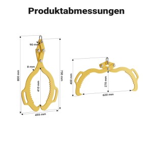 Produktabmessungen der Wiltec Forstzange und Rückezange, gelb, mit Maßen für Holzstämme bis 620mm.