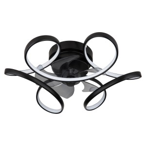 Schwarzer LED-Deckenventilator Loris, Ø 56cm, mit geschwungenen Leuchtelementen und Fernbedienung.