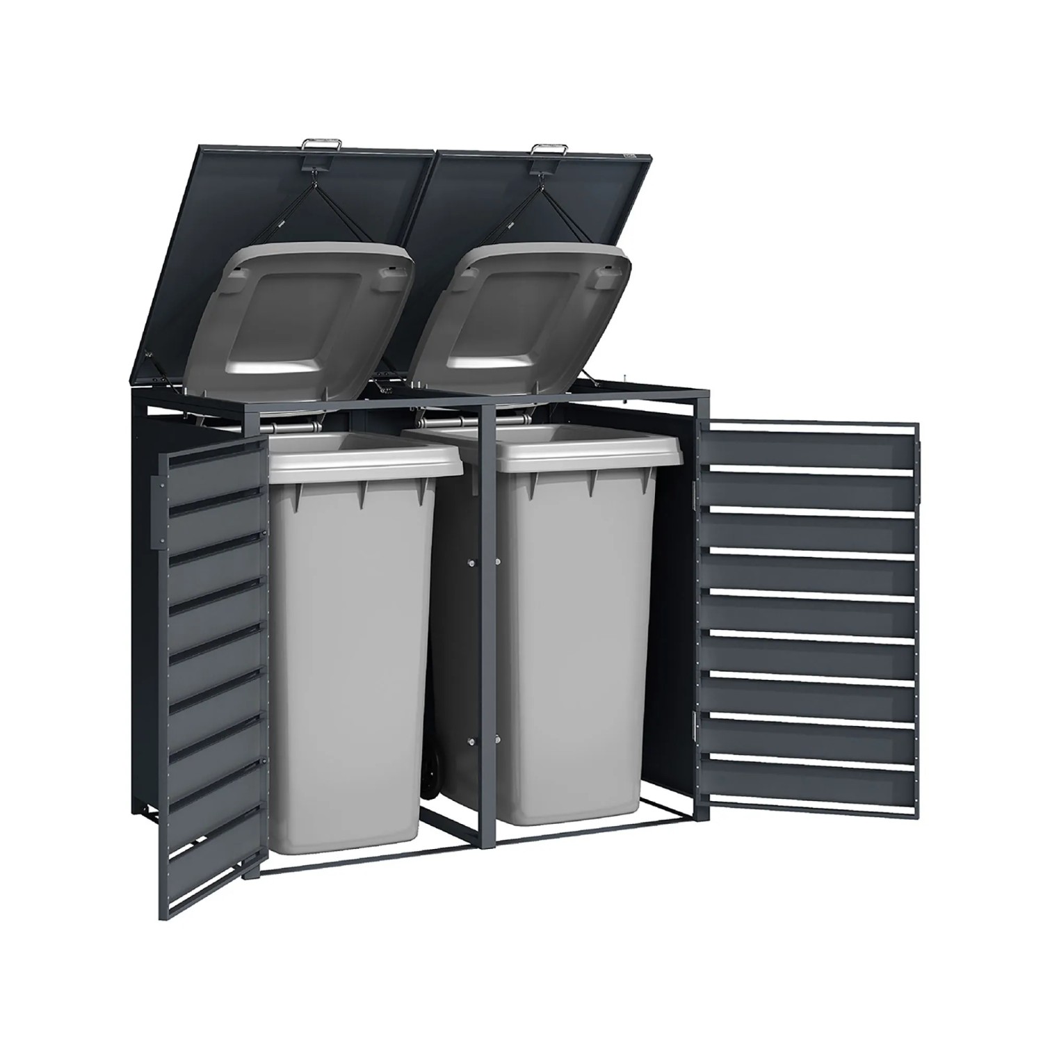 Weka Gary Metall-Mülltonnenbox anthrazit für 2x 240L Mülltonnen, offen mit grauen Tonnen.