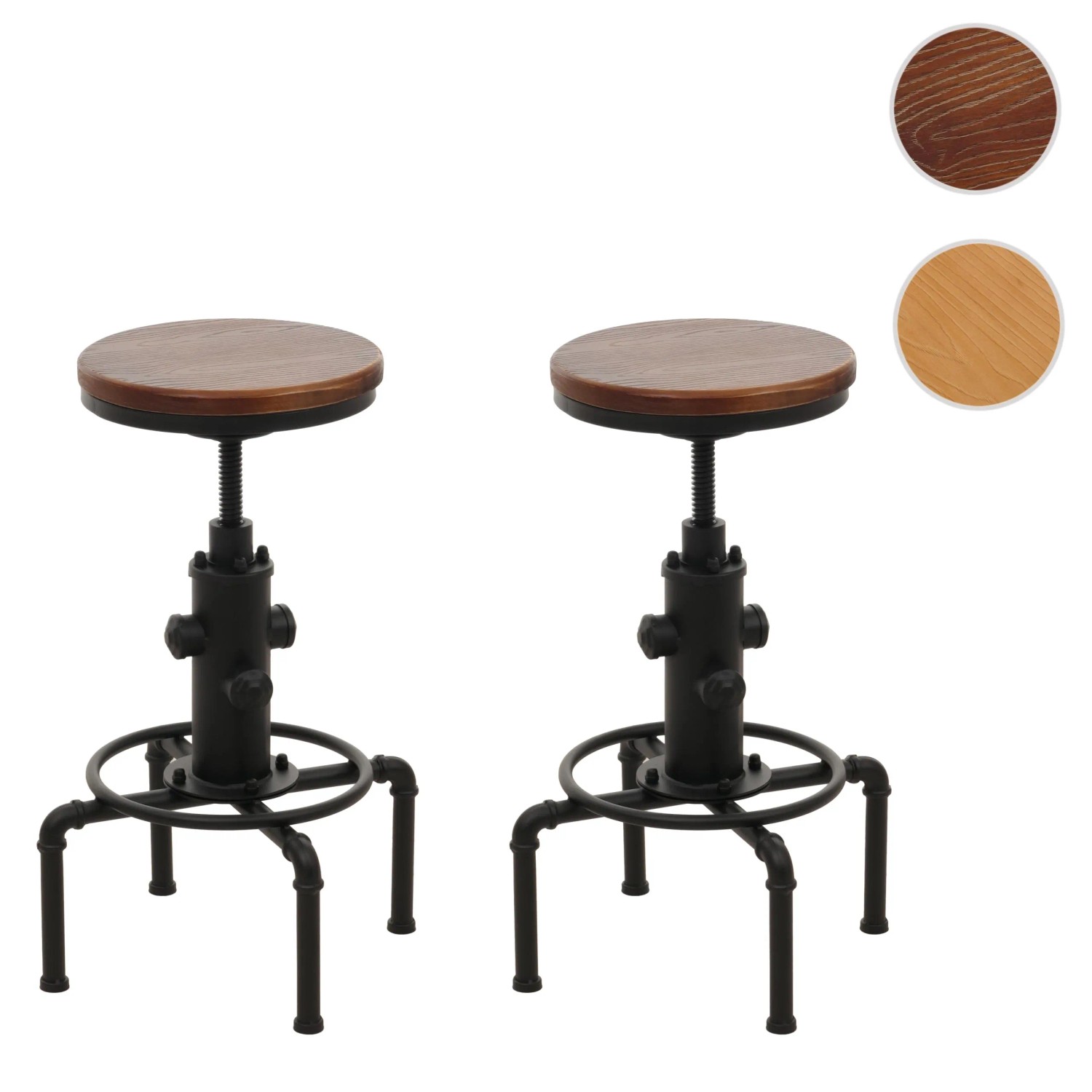 2er-Set Barhocker N23 in Braun: Höhenverstellbare Sitzhocker im Industrie-Design mit Stahlgestell und Holz-Sitzfläche.