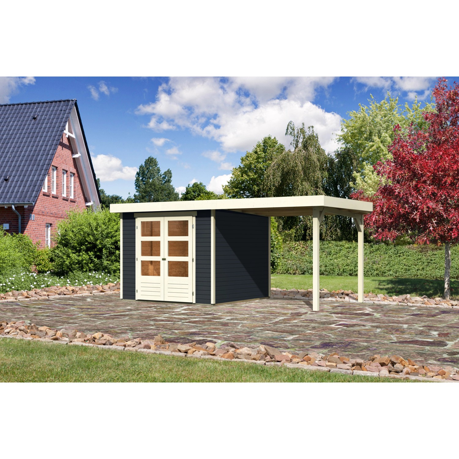 Karibu Gartenhaus/Gerätehaus Boras 3,5 Anthrazit 462 cm x 246 cm mit Anbaudach
