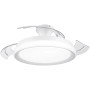 Weiße Philips LED DC-Deckenleuchte Bliss mit Ventilator und transparenten Flügeln.
