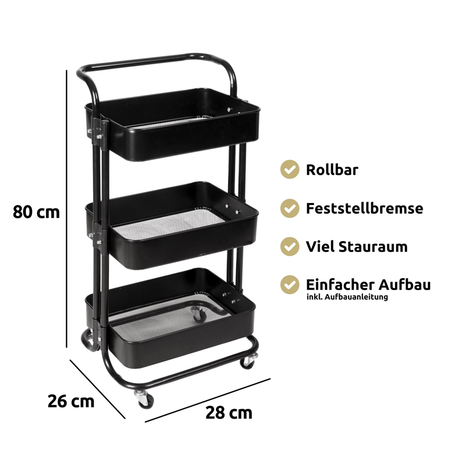 Schwarzer deluxe4home Rollwagen mit 3 Ablagen, ideal als Bad-Standregal.