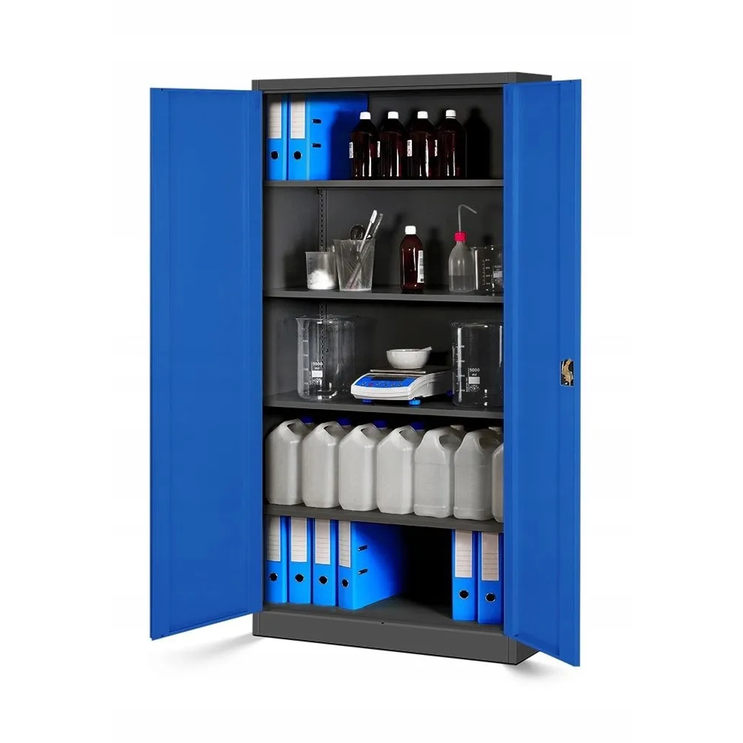 Jan Nowak Metallschrank, anthrazit/blau, mit 4 Fachböden und Zylinderschloss. Ideal als Aktenschrank.