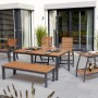 Gartenmöbelset Bonlee: Tisch, Stühle, Bank und Servierwagen aus Eukalyptusholz und Aluminium.