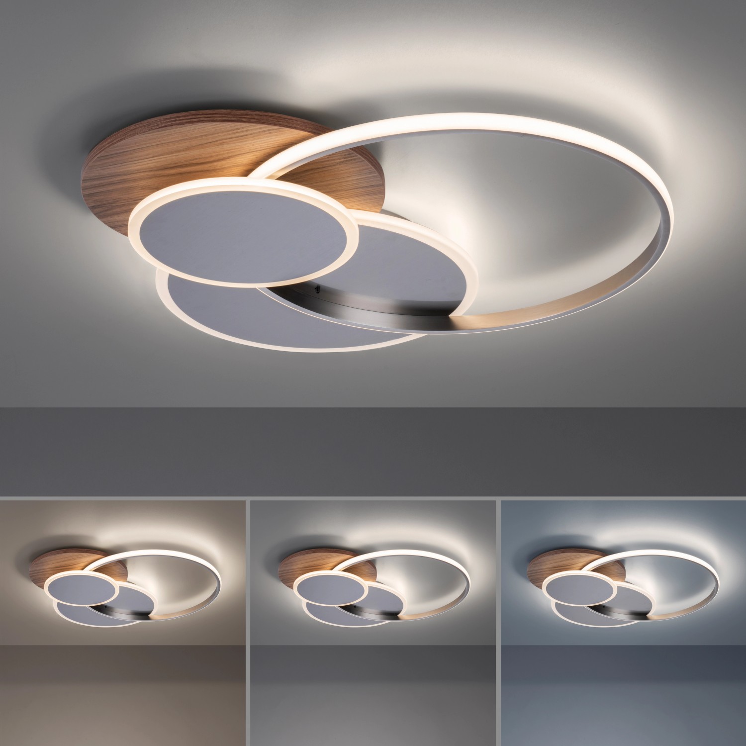 Moderne LED-Deckenleuchte Palma mit Holzdekor und silberfarbenen Ringen, Lichtfarbe per Fernbedienung einstellbar.