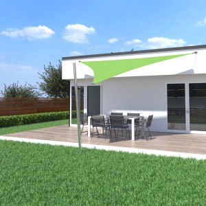 Apfelgrünes Toldoro Sonnensegel Komplettset 4x4x4m mit Mast und Befestigung an Hauswand.