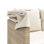 Detailansicht: Beige vidaXL Outdoor-Sofa 3-Sitzer aus Rattan mit Dach und Kissen.