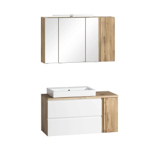 Held Möbel Waschtisch-Set Ancona, 105 cm, Weiß/Wotaneiche, mit Becken links und Spiegelschrank.