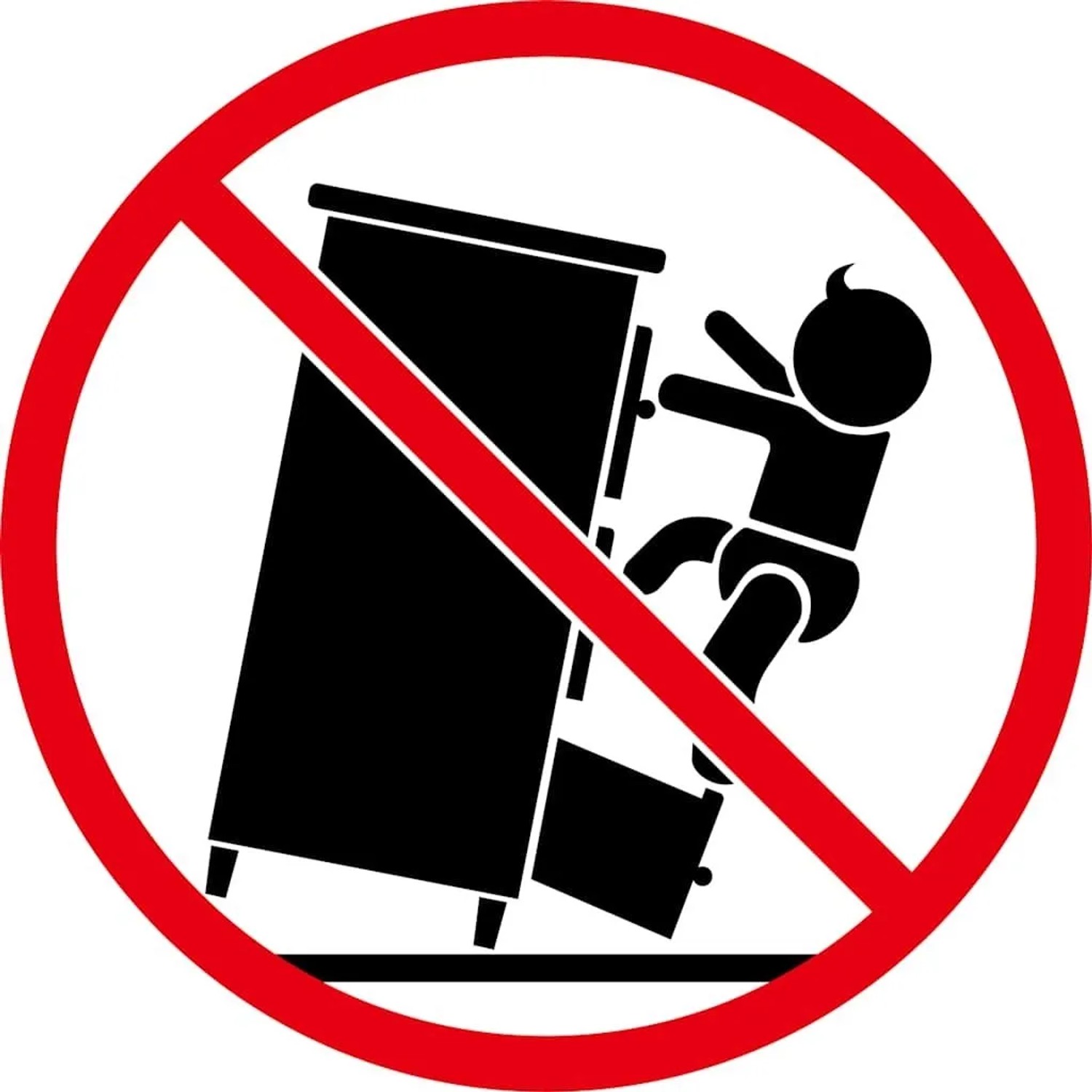Symbol: Kippgefahr durch Schrank. Möbelstück mit Wandhalterung sichern.