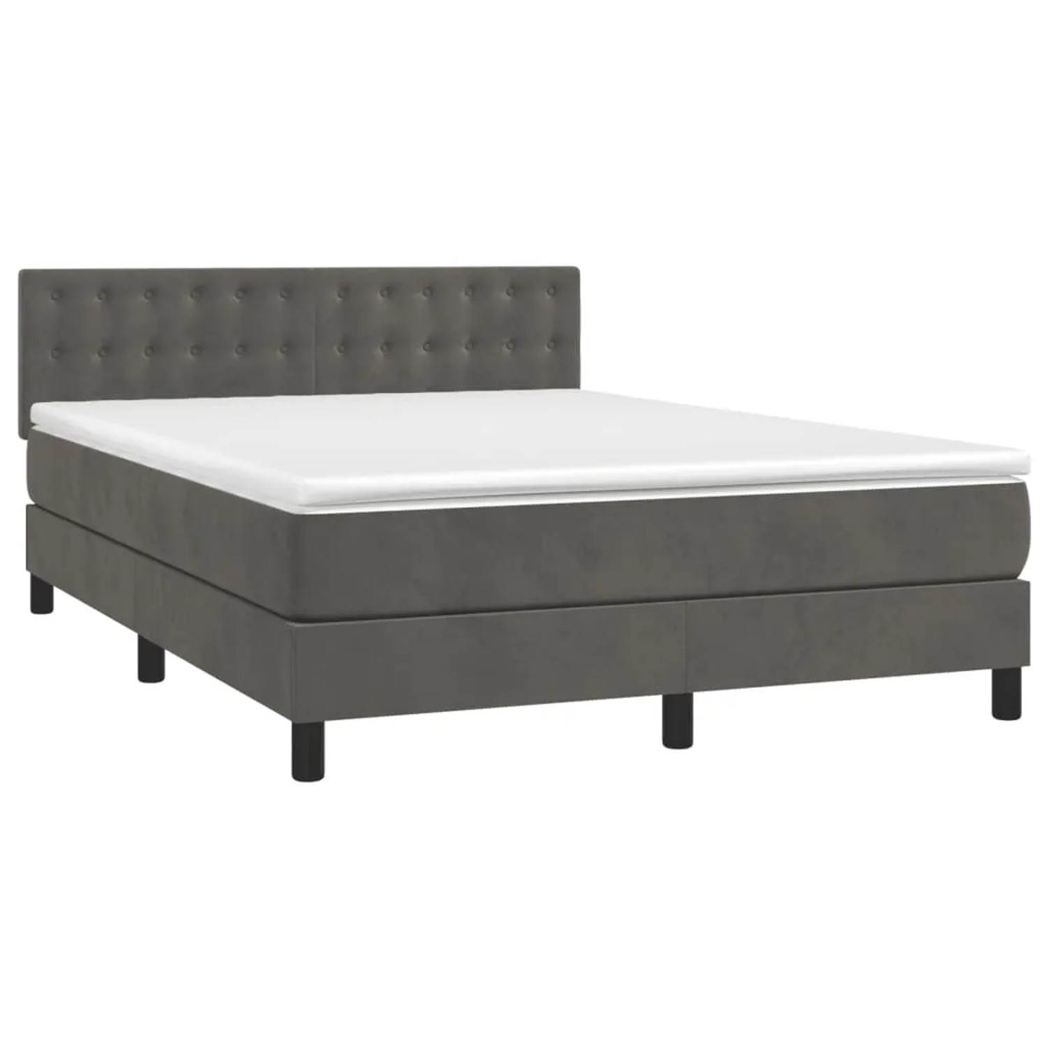 Dunkelgraues Boxspringbett 140x200 cm mit Matratze und Samtbezug.