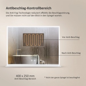Emke Badspiegel 80x60 mit Ablage: Detailaufnahme der Antibeschlag-Funktion.