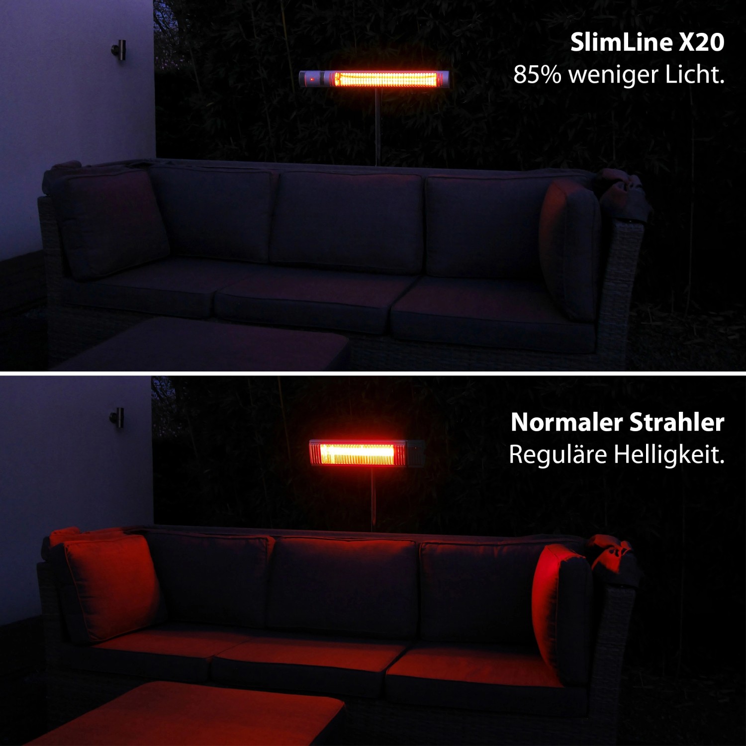 VASNER SlimLine X20 Infrarot-Heizstrahler im Vergleich: Weniger Licht, gleiche Wärme. Ideal für Terrasse.