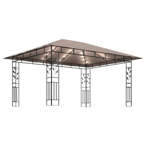 Taupe Pavillon 4x3m mit Moskitonetz und LED-Lichterkette für Garten & Terrasse.