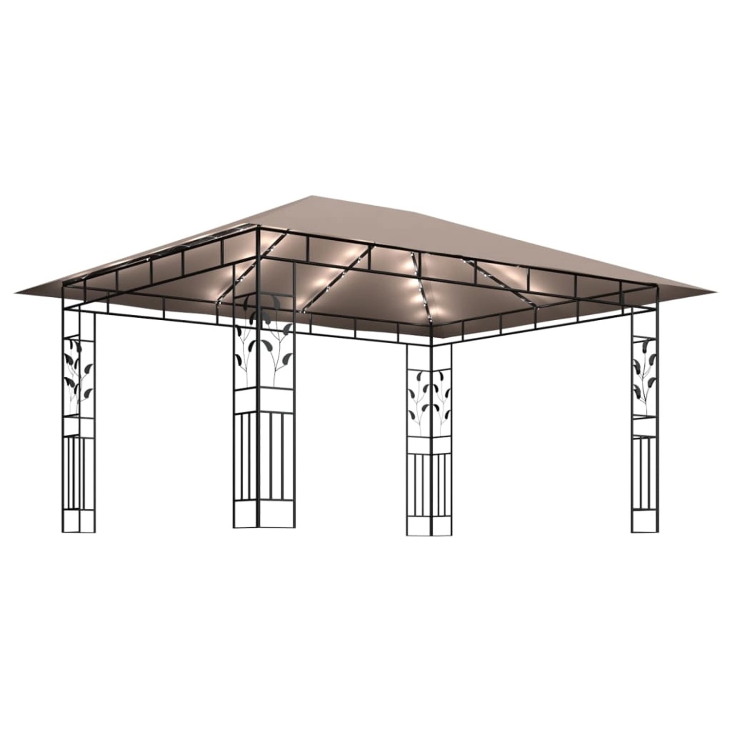Taupe Pavillon 4x3m mit Moskitonetz und LED-Lichterkette für Garten & Terrasse.