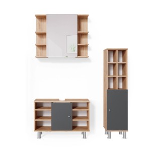 Vicco Badmöbel-Set Fynn, 3-teilig in Eiche/Anthrazit: Waschbeckenunterschrank, Spiegelschrank, Hochschrank.