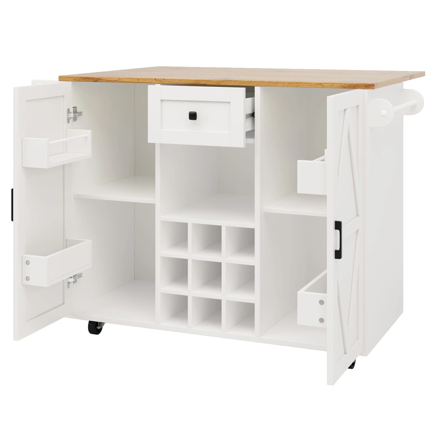okwish Kücheninsel mit Snackregal Ausziehbar Stauraum Esstisch Küche 137x65x95cm Weiß