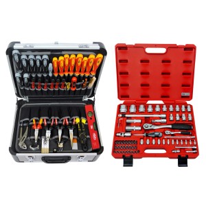 Famex Werkzeugkoffer Professional, 195-teilig, gefüllt mit Werkzeugset, geöffnet mit Werkzeugen.