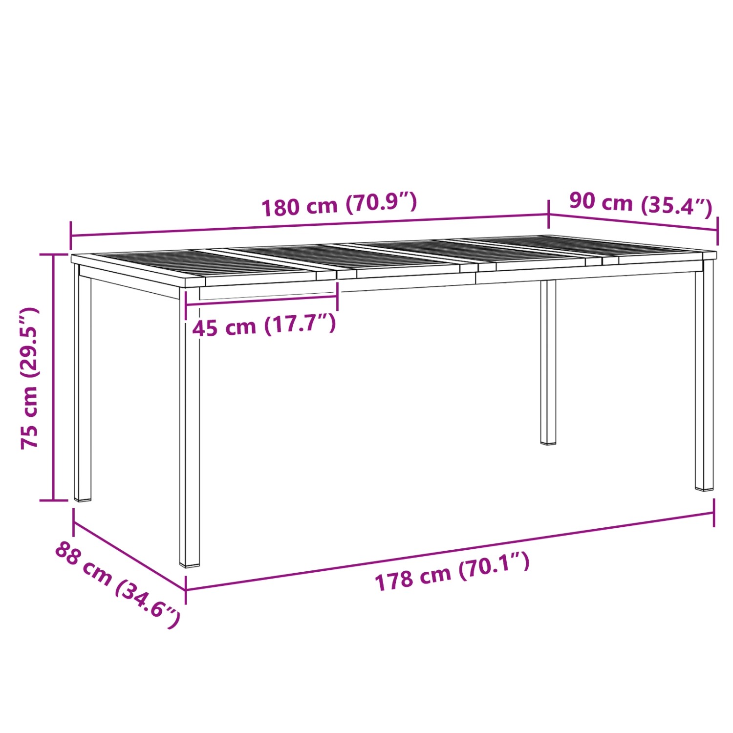 vidaXL 7-teiliges Garten Esstisch Set aus Akazienholz, Abmessungen