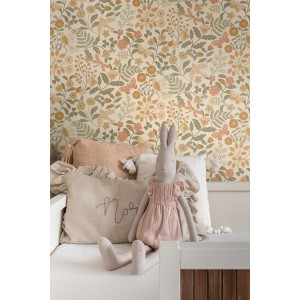 ESTAhome Tapete Blumen und Vögel Orange und Graugrün 53 cm x 10.05 m