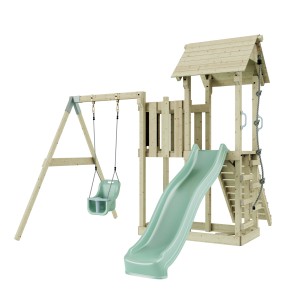 PolarPlay Babyschaukel Bergen mintgrün mit Rutsche und Kletterturm für den Garten.