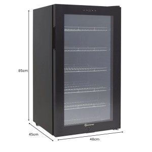 Schwarzer Sommertal Kühlschrank GK 100 mit Glastür und Edelstahlböden.