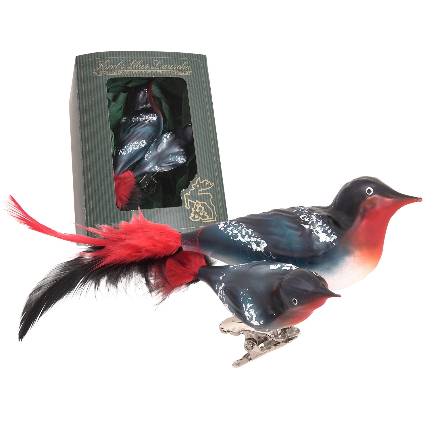 Krebs Glas Lauscha Baumschmuck Doppelvogel Dompfaff Rot 9cm