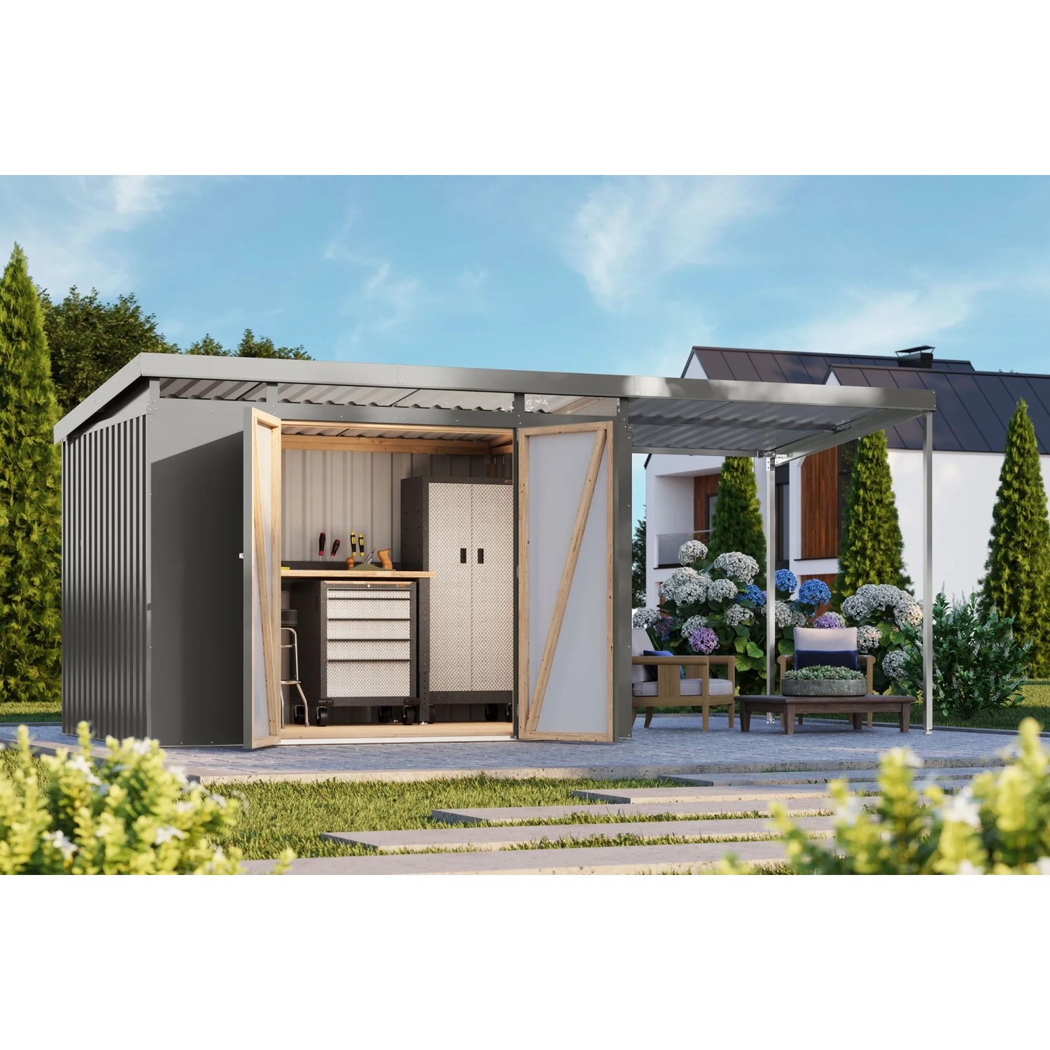 Karibu Metallgerätehaus Neos 3 mit Anbaudach 2 m Graualuminium