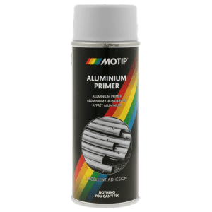 Schwarze MOTIP Aluminium Grundierung Spraydose mit weißer Kappe, silberner Primer für Lackreparatur & Karosserie.