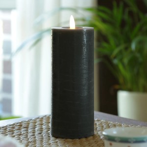 Graue LED Kerze LINA in Rustik Optik, Echtwachs, flackernde 3D Flamme und Timer, Höhe 19cm.