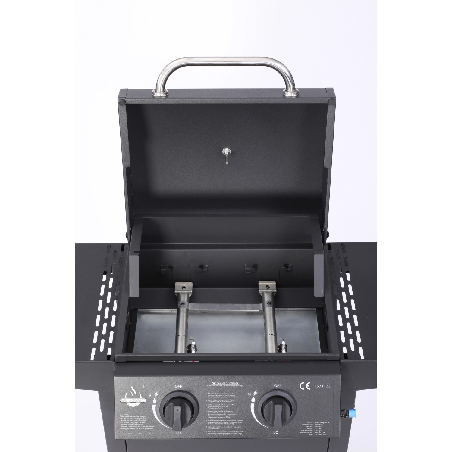 El Fuego Gasgrill San Jose mit geöffnetem Deckel, 2 Edelstahlbrennern und Seitenablage.