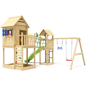 Jungle Gym Spielturm Retreat mit Doppelschaukel, Rutsche und Fensterläden aus Holz.