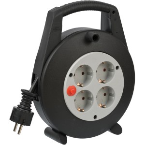 Schwarze Vario Line Kabeltrommel mit 4 Steckdosen, 5m Kabel und Überhitzungsschutz.