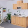 Flex-Well Singleküche Nano 150 cm in Buche Nachbildung mit Kochfeld, Spüle und Mikrowelle.