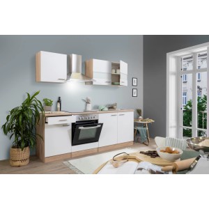 Respekta Küchenzeile KB210ESWC in Weiß-Eiche Sägerau Optik mit Elektrogeräten und Spüle.