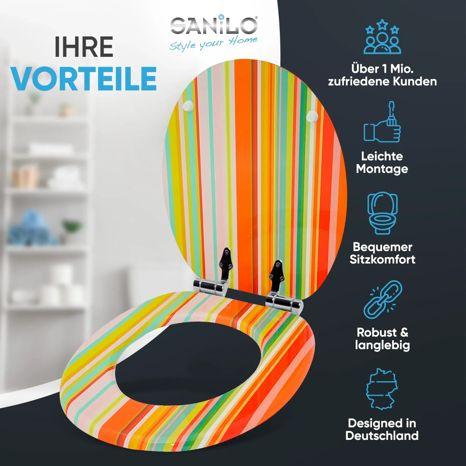 Sanilo WC-Sitz Starstripes mit Absenkautomatik aus Holz, bunt gestreift.