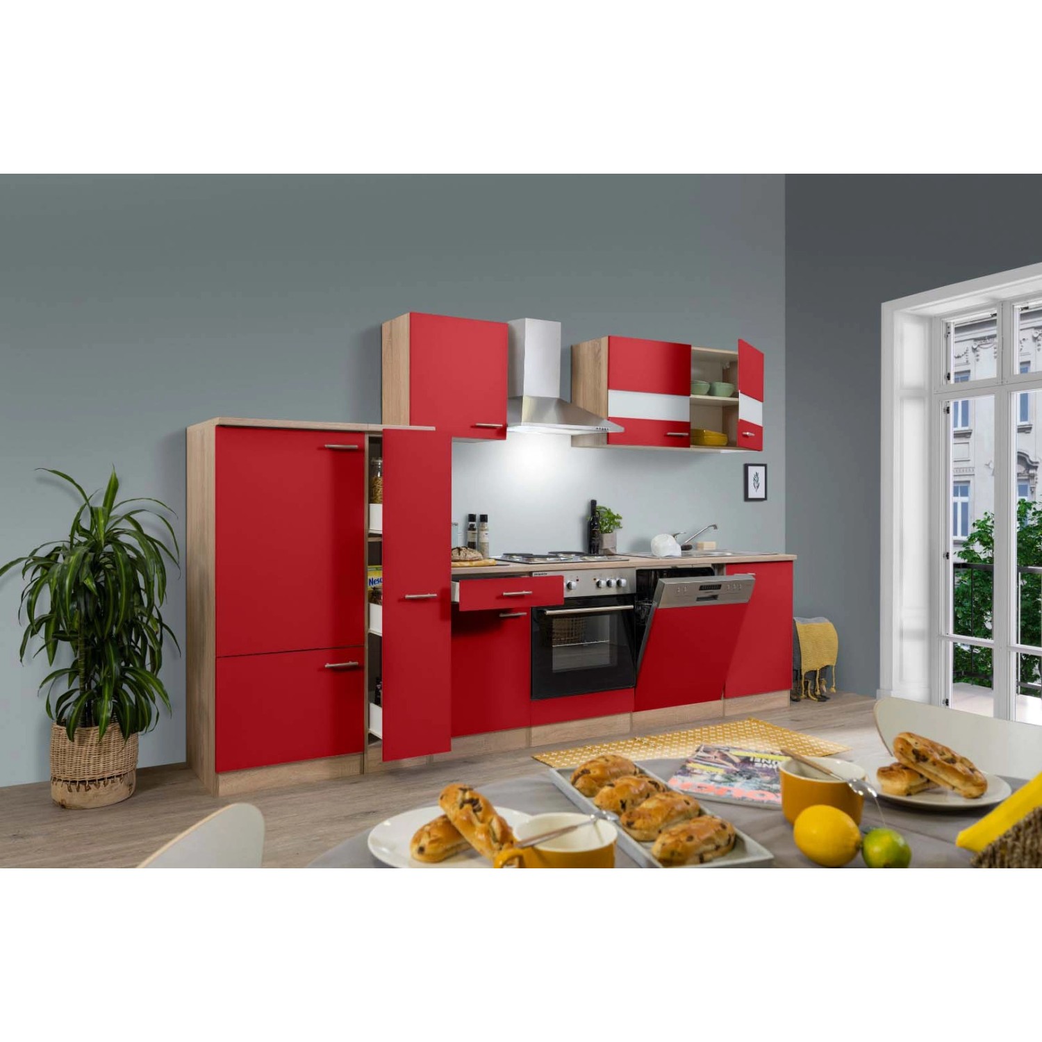 Respekta Küchenzeile/Küchenblock ohne E-Geräte 310 cm Rot-Eiche Sägerau
