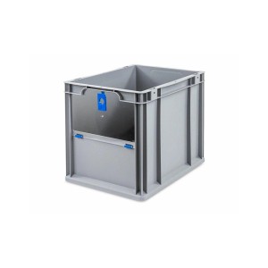 Graue PROREGAL Eurobox mit blauem Schiebedeckel, 30 Liter. Ideal als Transportbox oder zur Aufbewahrung.