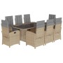 9-tlg. Garten Essgruppe aus Poly Rattan mit grauen Kissen und schwarzer Glasplatte.