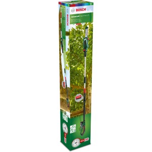 Verpackung der Bosch Akku Teleskop-Kettensäge UniversalChainPole 18 mit Akku.