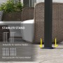 Detailaufnahme der Bodenbefestigung der dunkelgrauen Furnicato Pergola mit Erdspießen und Dehnschrauben.