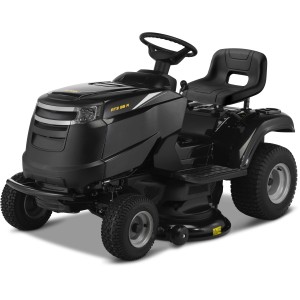 Schwarzer Alpina Rasentraktor AT3 98 A mit Seitenauswurf.