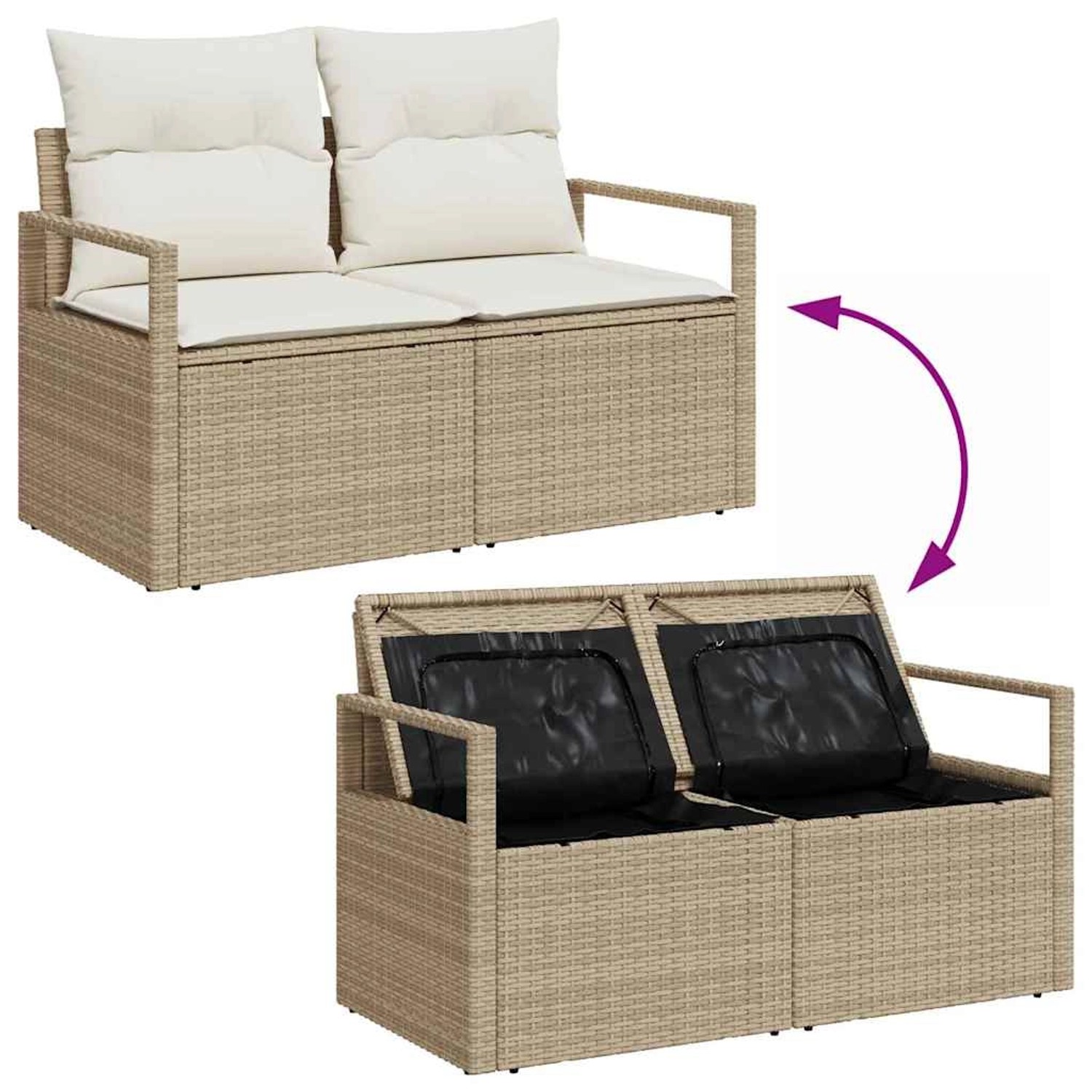 Beiges 7-teiliges vidaXL Garten-Sofa-Set aus Rattan mit Stauraum.