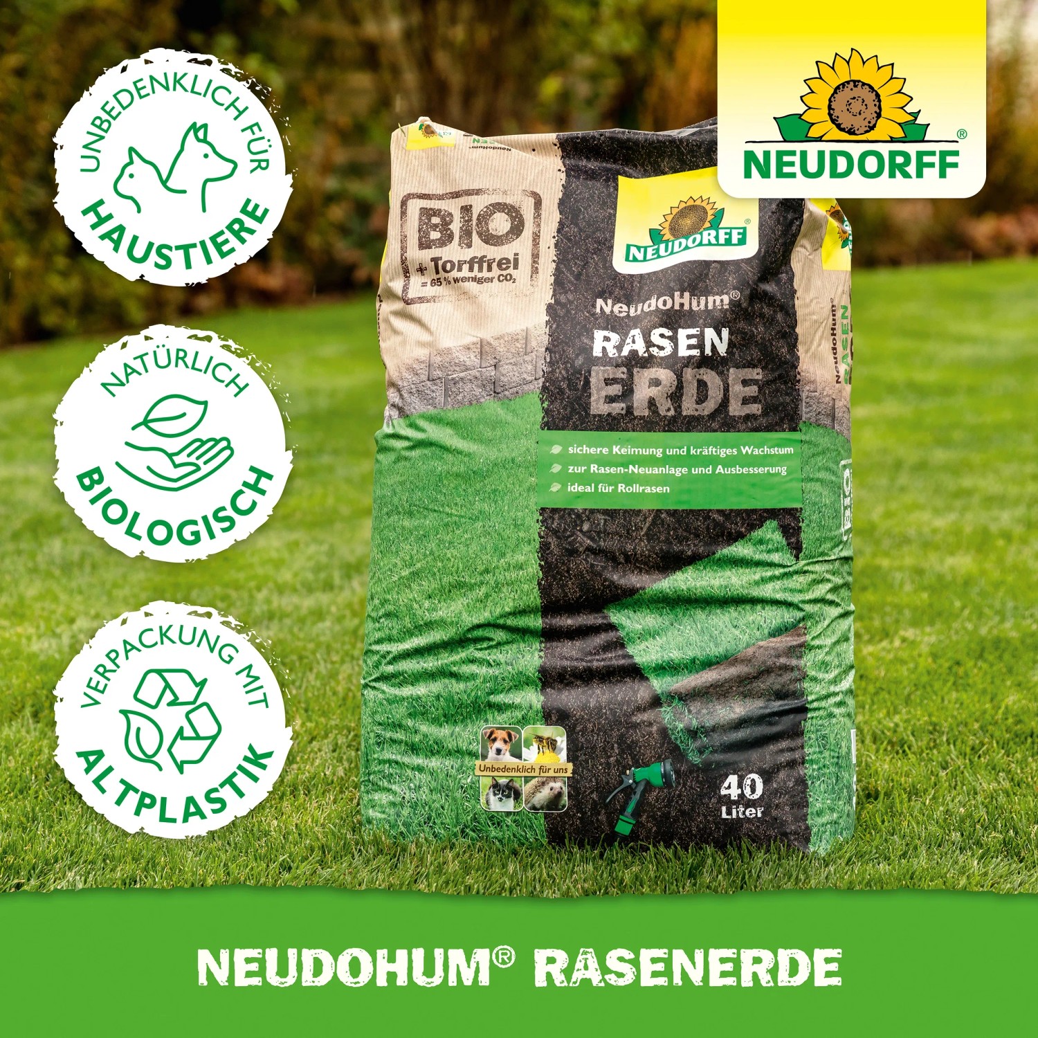 Sack Neudorff NeudoHum Rasenerde 40L, torffreie Erde für Rasenneuanlage und -reparatur.