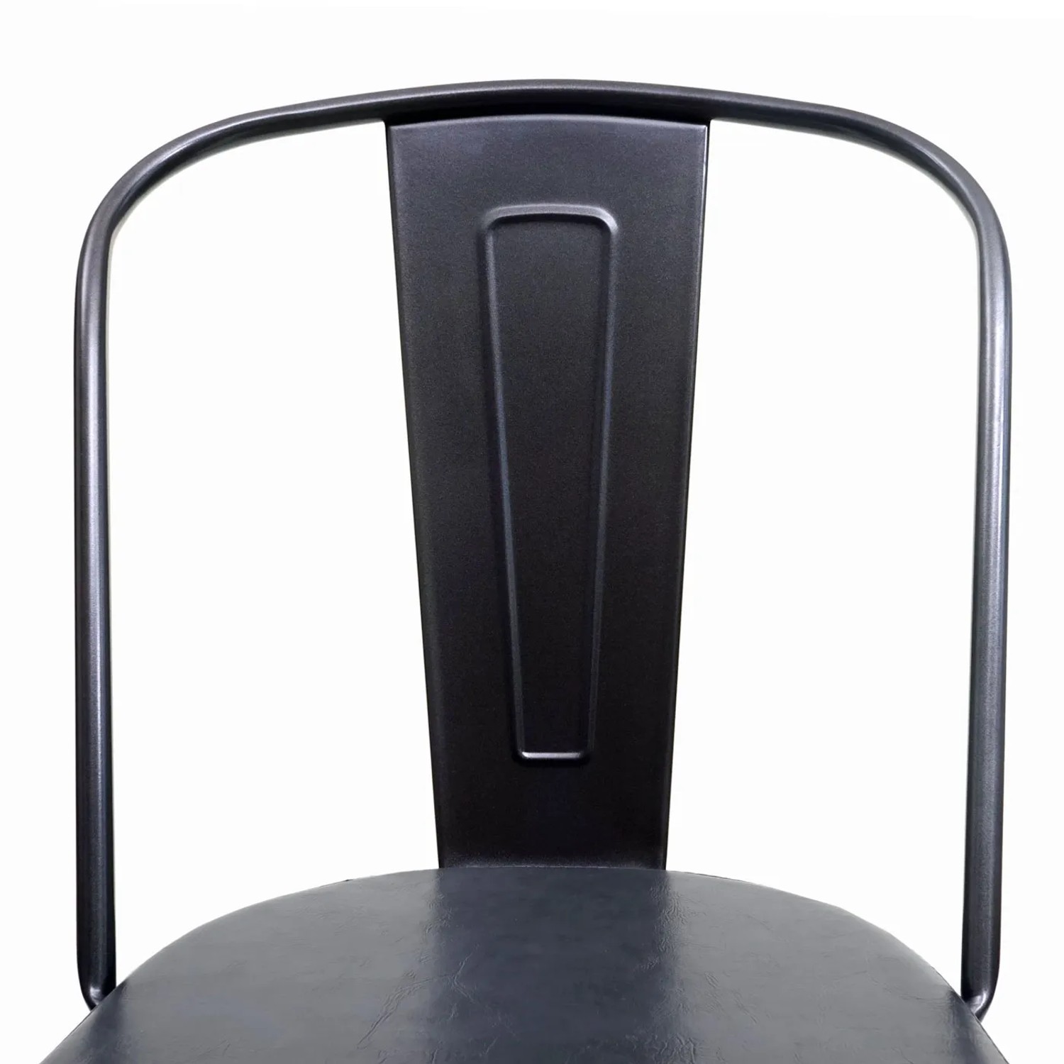 Detailansicht des schwarzen MCW Esszimmerstuhls H10e (4er Set) mit Stahlgestell und Kunstlederbezug.