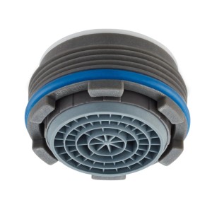 Grauer Neoperl Strahlregler Cache Dual Core M24x1 mit blauem Dichtring und Gittermuster. Mischdüse für Armaturen.