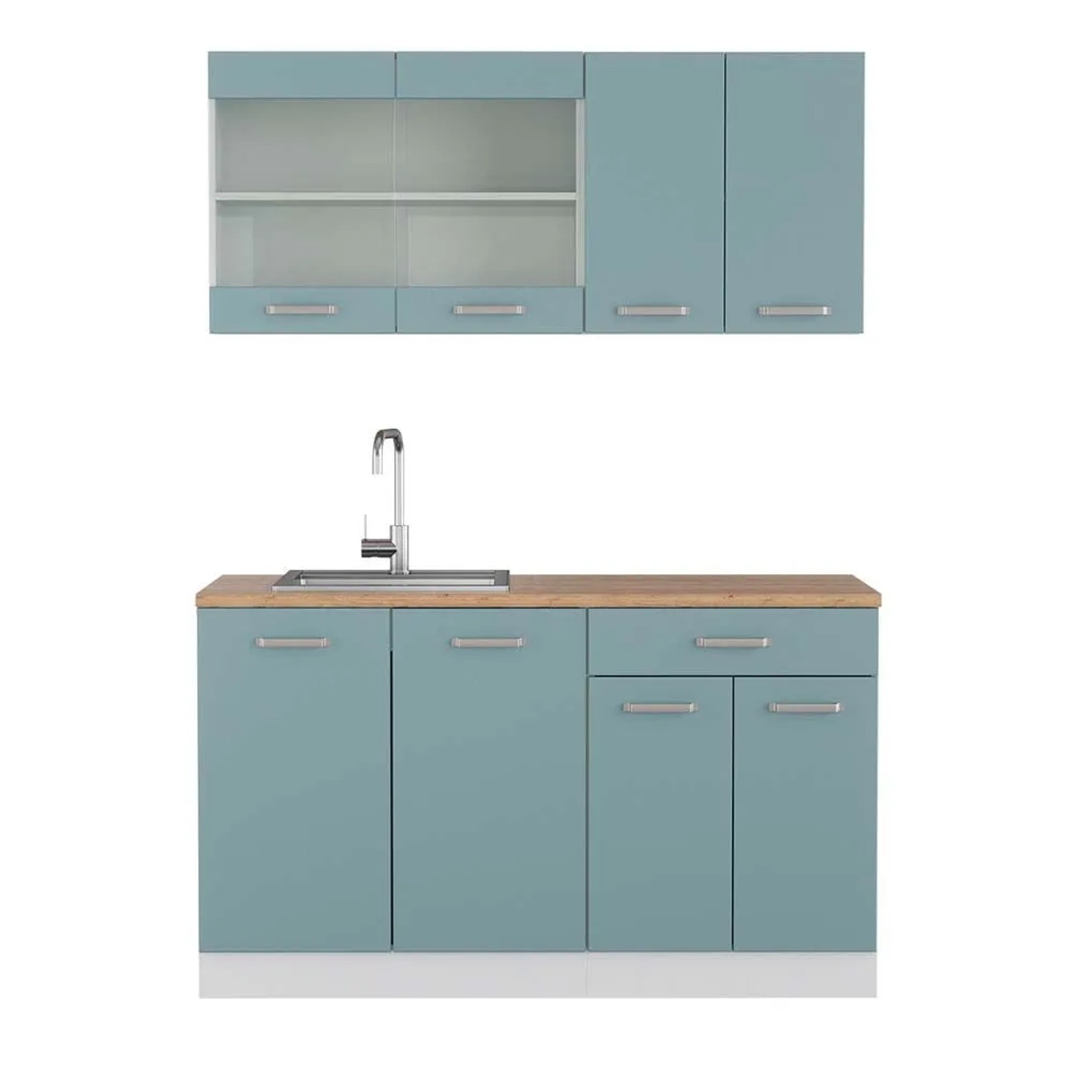 Vicco R-Line Singleküche Blau-Grau Weiß 140 cm AP Eiche ohne E-Geräte