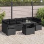 Schwarzes 8-tlg. vidaXL Garten-Sofa-Set aus Poly Rattan mit Tisch und Auflagen.