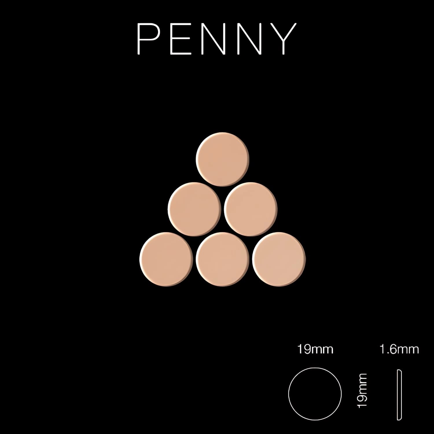 Kupferfarbene Mosaikfliesen (Penny) aus Metall, gewalzt, 19 mm Durchmesser, 1,6 mm stark.
