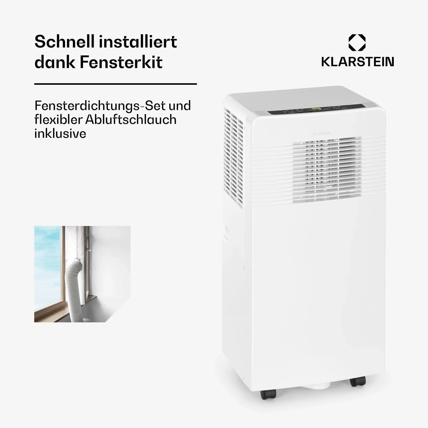 Klarstein Iceblock Ecosmart 7 Klimaanlage, mobil, weiß, mit Fensterkit und Abluftschlauch.